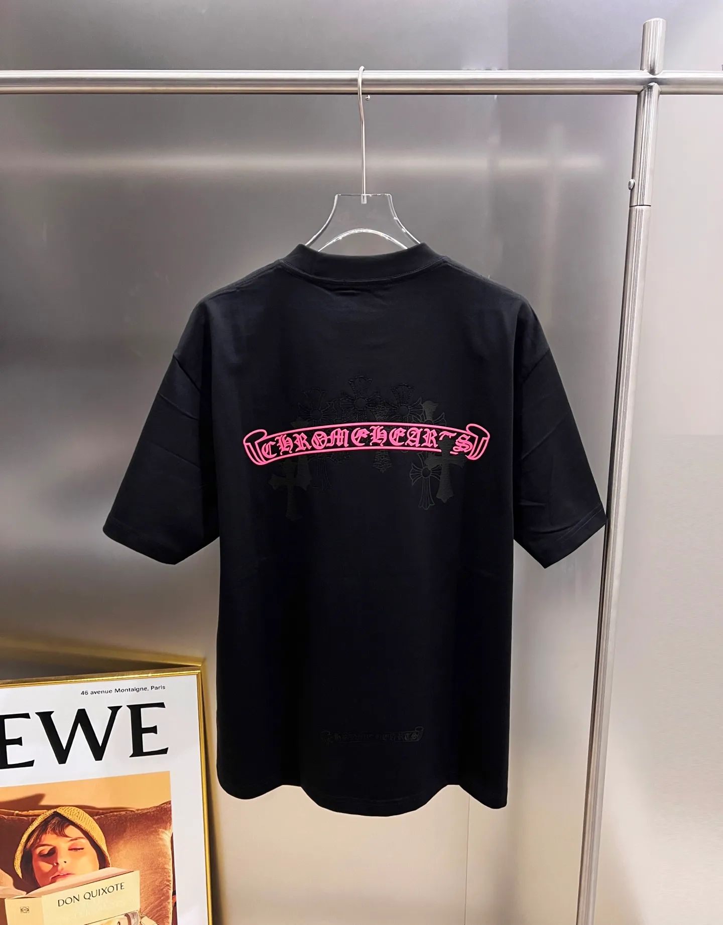 🅿️190 CH Crowe 2025 Autumn and Winter New Short-sleeved T-shirt with cross sticker + customized hardware and metal horseshoe Sanskrit text craft. The real thing is great🔥Same style for men and women, loose version, size S M L XL XXL five sizes black white